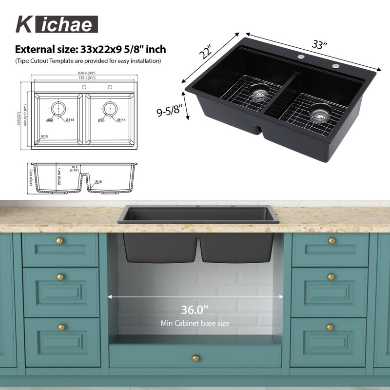 30"L x 22"W Quartz 50/50 Double Bowl Low-Divider Kitchen Sink, Granite Composite Drop-in Workstation Kitchen Sink with Sink Grid, Strainer, Cutting Board, Colander and Roll-up Rack