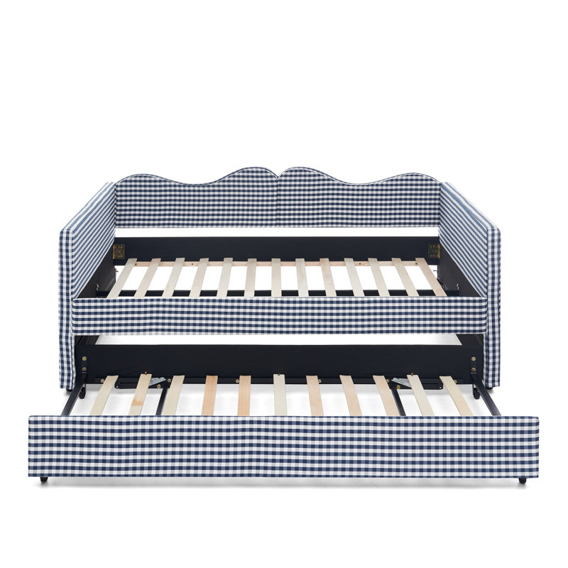 Lit de jour double, lit de jour rembourré en vichy équipé d'un cadre gigogne escamotable et d'une poche de rangement latérale, canapé-lit multifonctionnel en bois massif pour chambre d'enfant et chambre d'amis - bleu