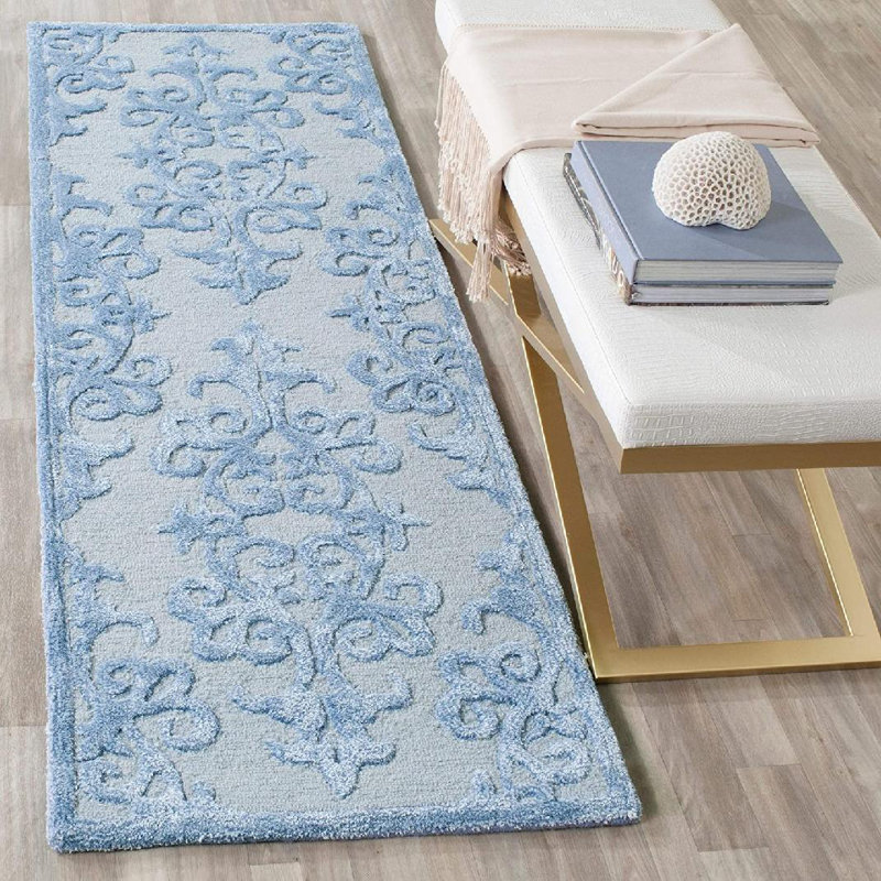 Harger Hand Tufted Wool/Viscose Geometric Rug in Blue, Runner 2'3" x 9'