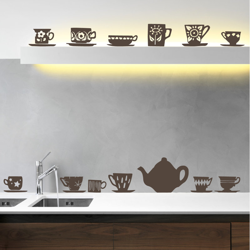 Décalcomanie murale tasses de thé, H 23 po x l 24 po x P 0,01 po, Brun