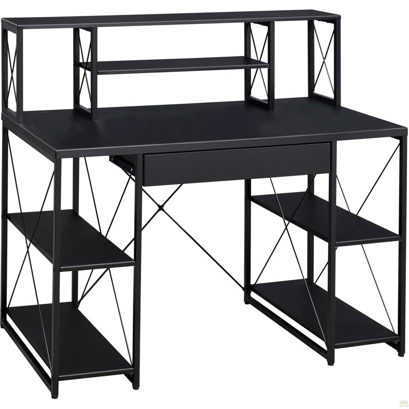 Bureau noir avec tablettes ouvertes et huche, Noir