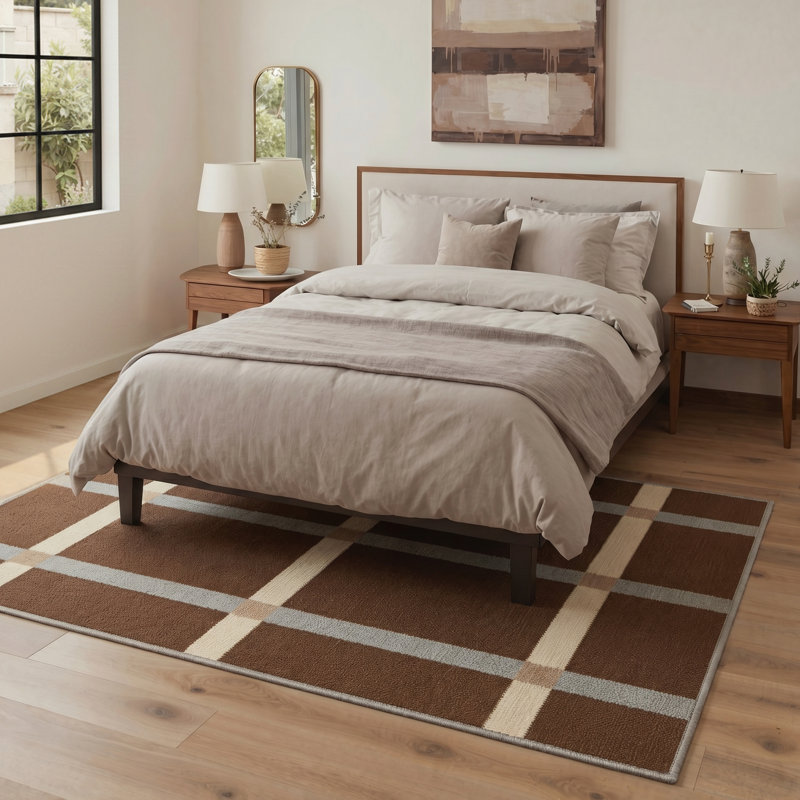 Liadan Novus Modern Plaid Machine Washable Beige / Brown Indoor Area Rug with Non-Slip Backing, Rectangle 9' x 12'