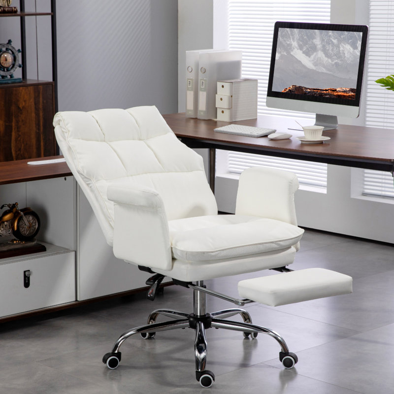 Executive Office Chair, PU Leather Ergonomic Office Desk Chair With Footrest, Reclining And Swivel Chair, White
