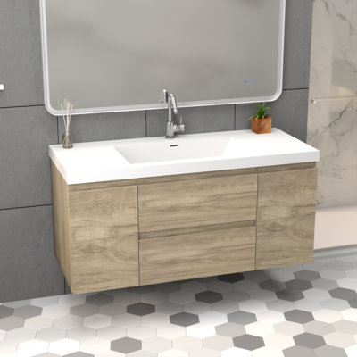 Meuble-lavabo mural de 48 po avec lavabo blanc en pierre d'ingénierie en résine, 2 portes avec charnières à fermeture en douceur à 90 °, 2 tiroirs avec glissières à fermeture en douceur dissimulées, finition en chêne naturel, à l'exception du r