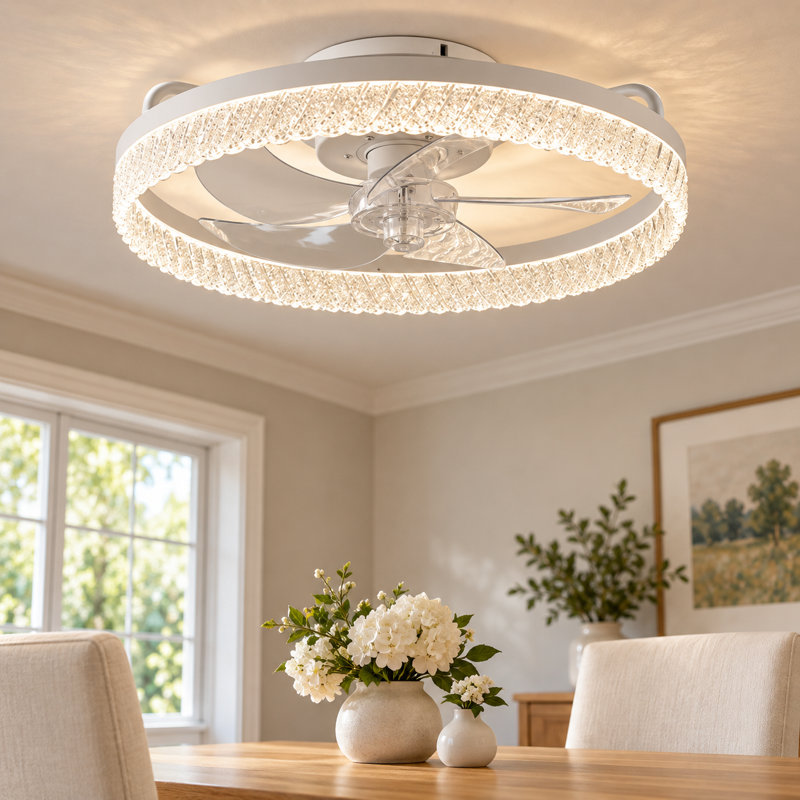 Ventilateur de chambre à coucher en plumes blanches 19 po avec télécommande, à intensité variable, 5 pales, moteur CC réversible, avec lumière DEL 