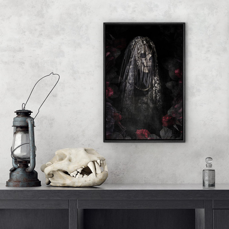 Mystérieux squelette voilé Moody foncé, œuvre d'art moderne, décor, H 36 po x l 24 po, Cadre flottant noir