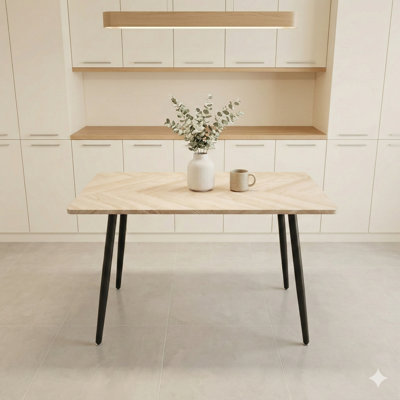Modern Minimalist Dining Table with MDF Wood-Tone Desktop and Black Metal Legs, Small Size Suitable as Dining Table for 4-6, Computer Desk, or Office