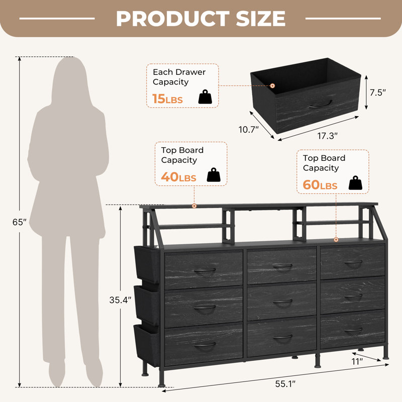 55’’w Drawer Dresser With Open Shelves & Storage Pockets, Modern Bedroom Storage Cabinet For Clothes, Tv Stand, Or Vanity