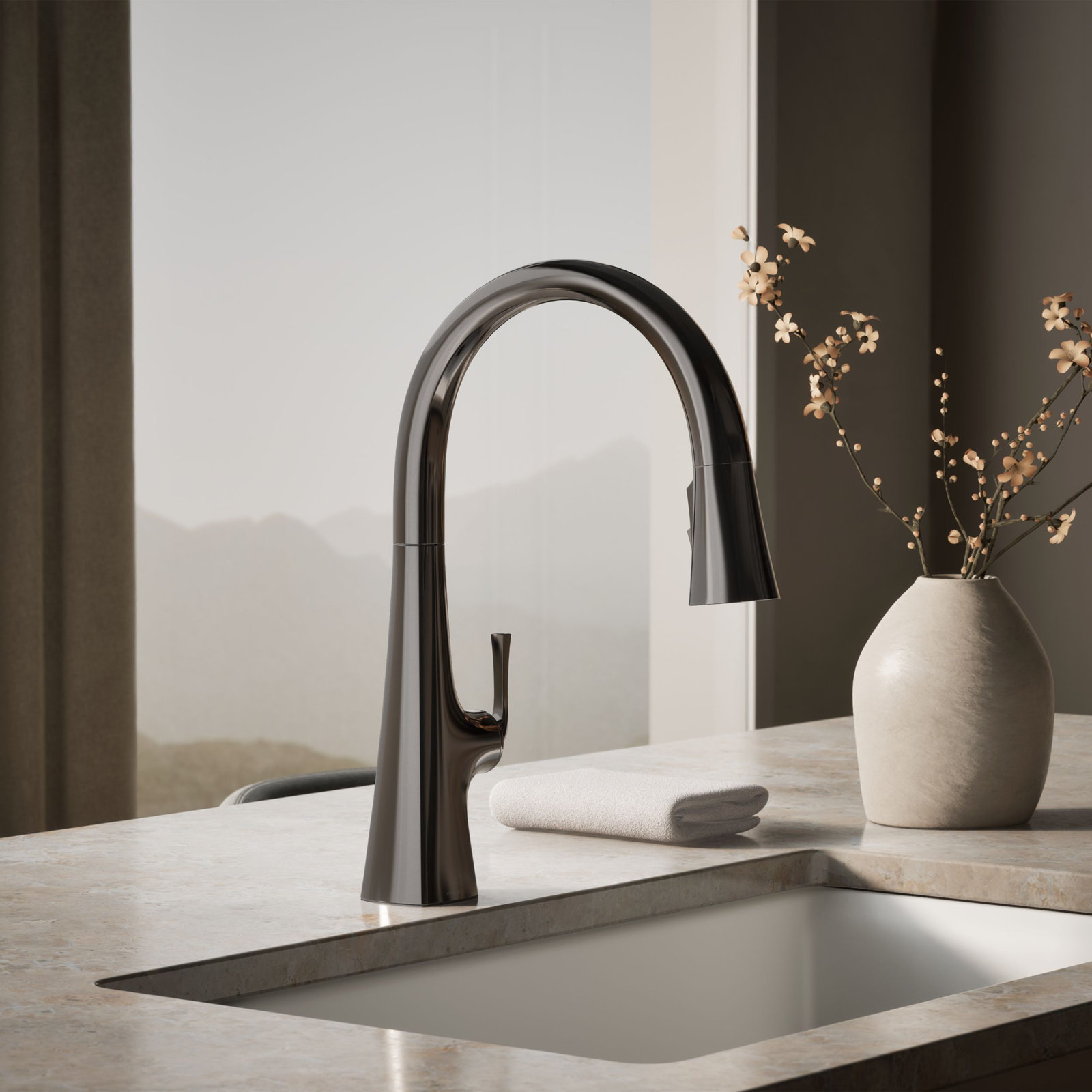 Graze Touchless Pull-Down Kitchen Sink Faucet with Voice Activation and Three-Function Sprayhead, Vibrant Titanium