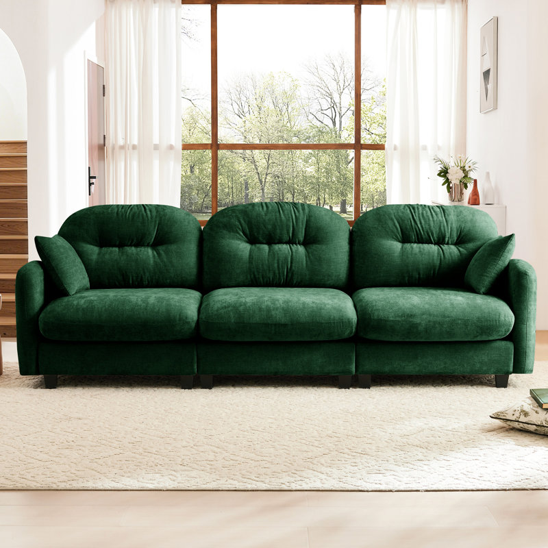Three - Modulaire en chenille, conception ergonomique incurvée, coussins et base pour canapé en bois, Chenille verte