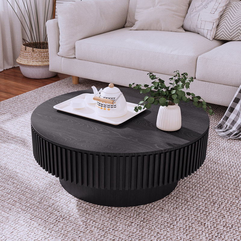 Table basse 31,5 "ronde avec rangement Table d'appoint moderne en placage de bois massif pour salon, chambre à coucher, appartement ou bureau, noir