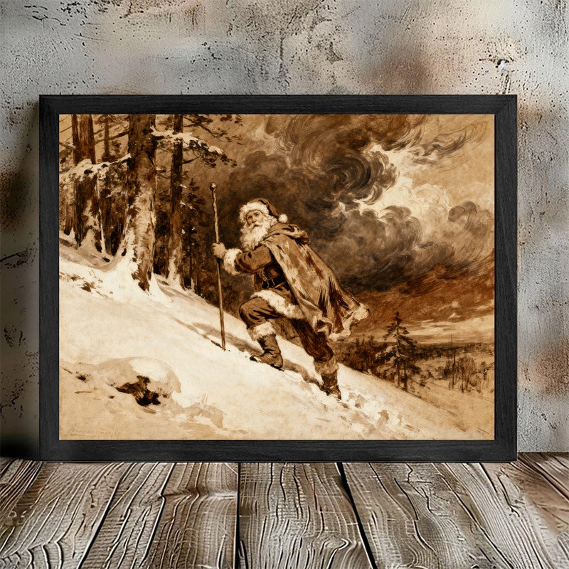 Art mural rétro noir encadré père Noël - Reproduction encadrée de scène de forêt de Noël rustique, H 11 po x l 9 po