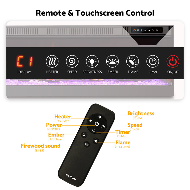 72" Ultra-Narrow Bezel Electric Fireplace Heater - Modern Thin Design, Wall/Recessed Mount, 12 Multicolored Flames, Smart App & Remote Control, Crystal/Driftwood Kits, Timer