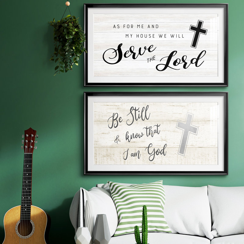 Serve the Lord Cross - Ensemble de 2 encadrements d'art textuel, H 14,5 po x l 53 po x P 1,5 po, Argent