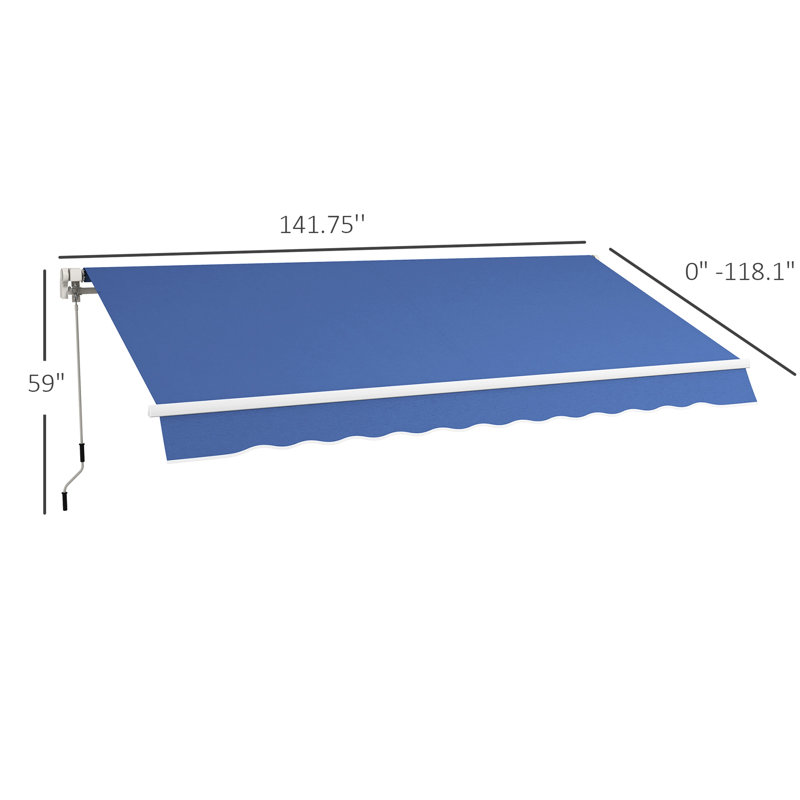 Auvent rétractable 12 pi x 10 pi, tissu 280G / M et eau, manivelle manuelle, cadre en aluminium pour terrasse, balcon, cour, surfaces variées, auvent de patio bleu foncé,