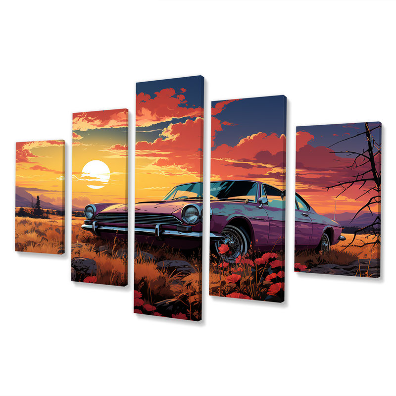Rose et jaune voiture américaine classique Sunset Meadows - ensemble de décorations murales multi-panneaux