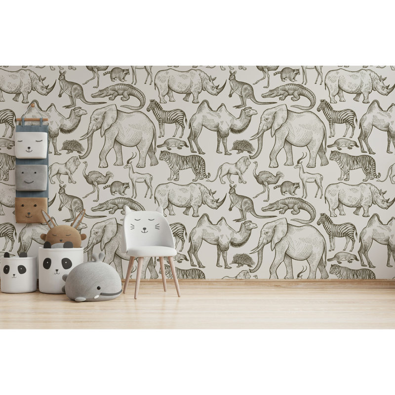 Papier peint amovible monochrome animaux d'Afrique, L 114 po x l 204 po