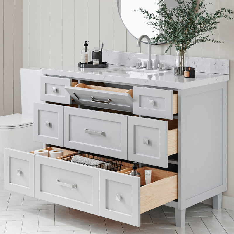 ARIEL Monroe 48 Single Sink Bathroom Vanity with Carrara Quartz Top, Gray, 48" - 49", Carrara White Quartz