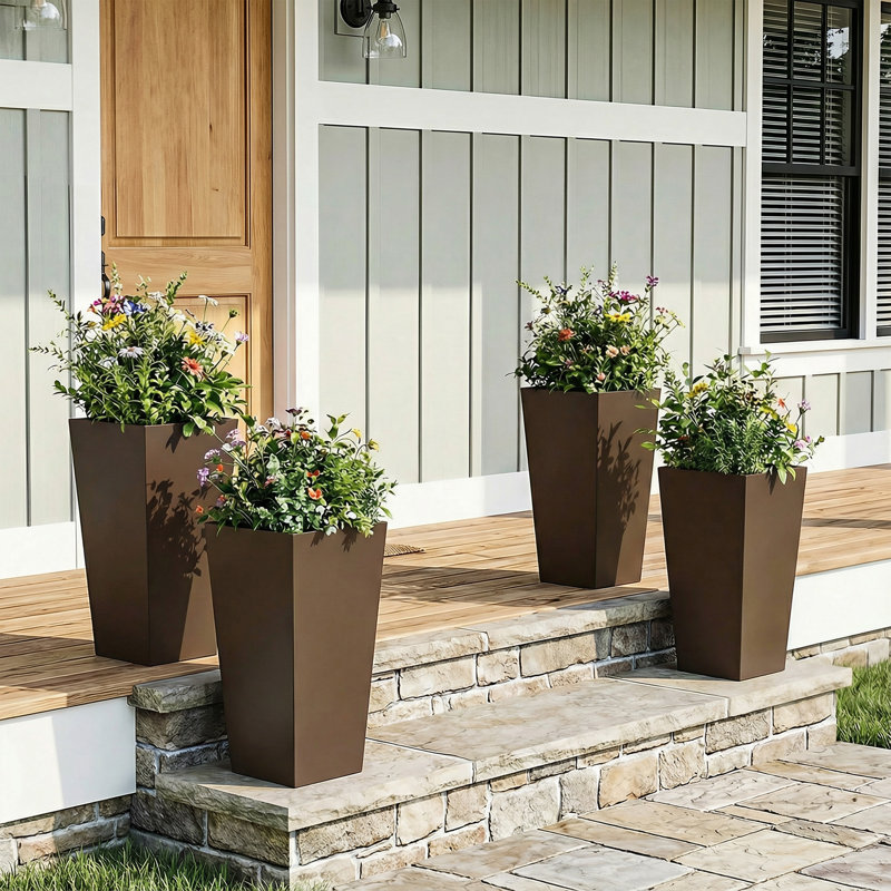 28'' H X 15'' W Indoor/Outdoor Modern Pot Planter with Drainage Hole Metal Large Tall Square Planter for Front Porch Patio