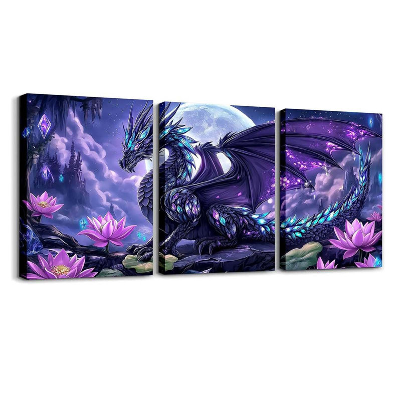 Magic Dragon Canvas Wall Art Set Of 3 Pieces, Western Wild Animal Wall Decor Prints Artwork For Living Room Bedroom, Purple Lotus Flower Wall Painting Posters, Kids Room Decor 12X16 Inch