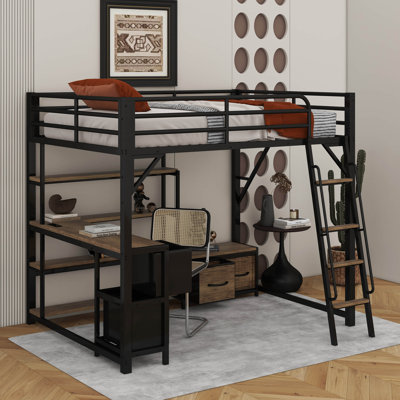 Loft Bed With Desk And Light, Metal Loft Bed With Storage Shelves, Wardrobe And Storage Drawers