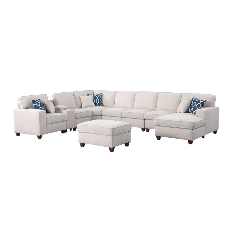 9 - Piece Upholstered Sectional, Beige Chenille