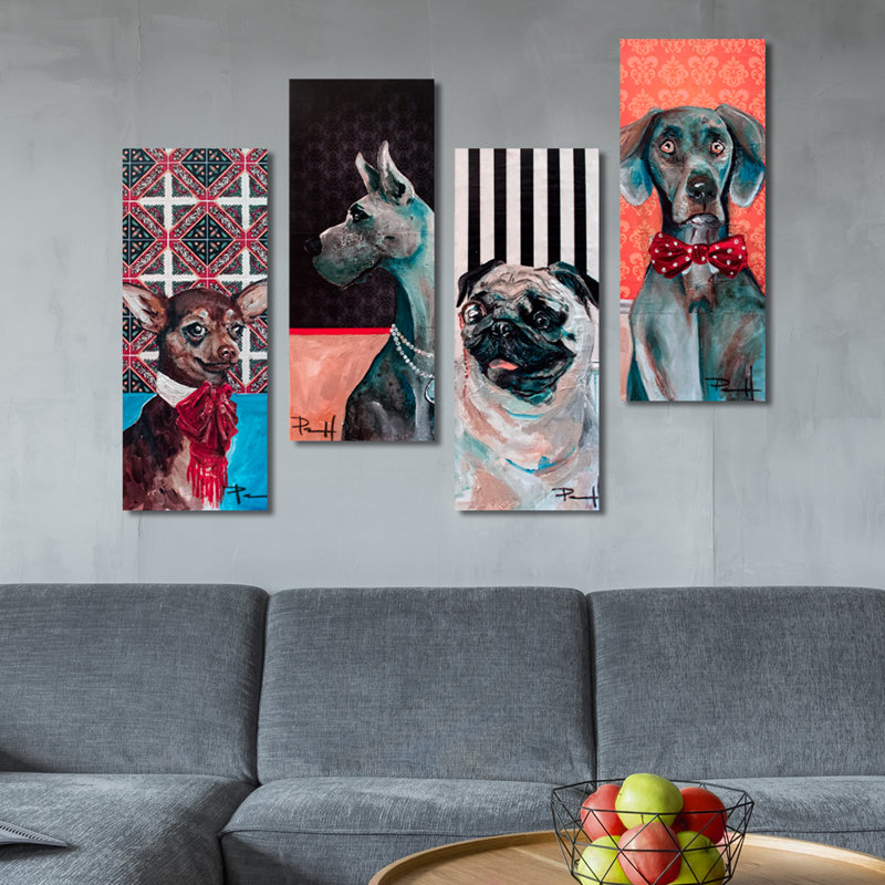 « fantaisiste dogs », ensemble de 4 reproductions d’art sur toile tendue, H 24 po x l 12 po x P 4 po