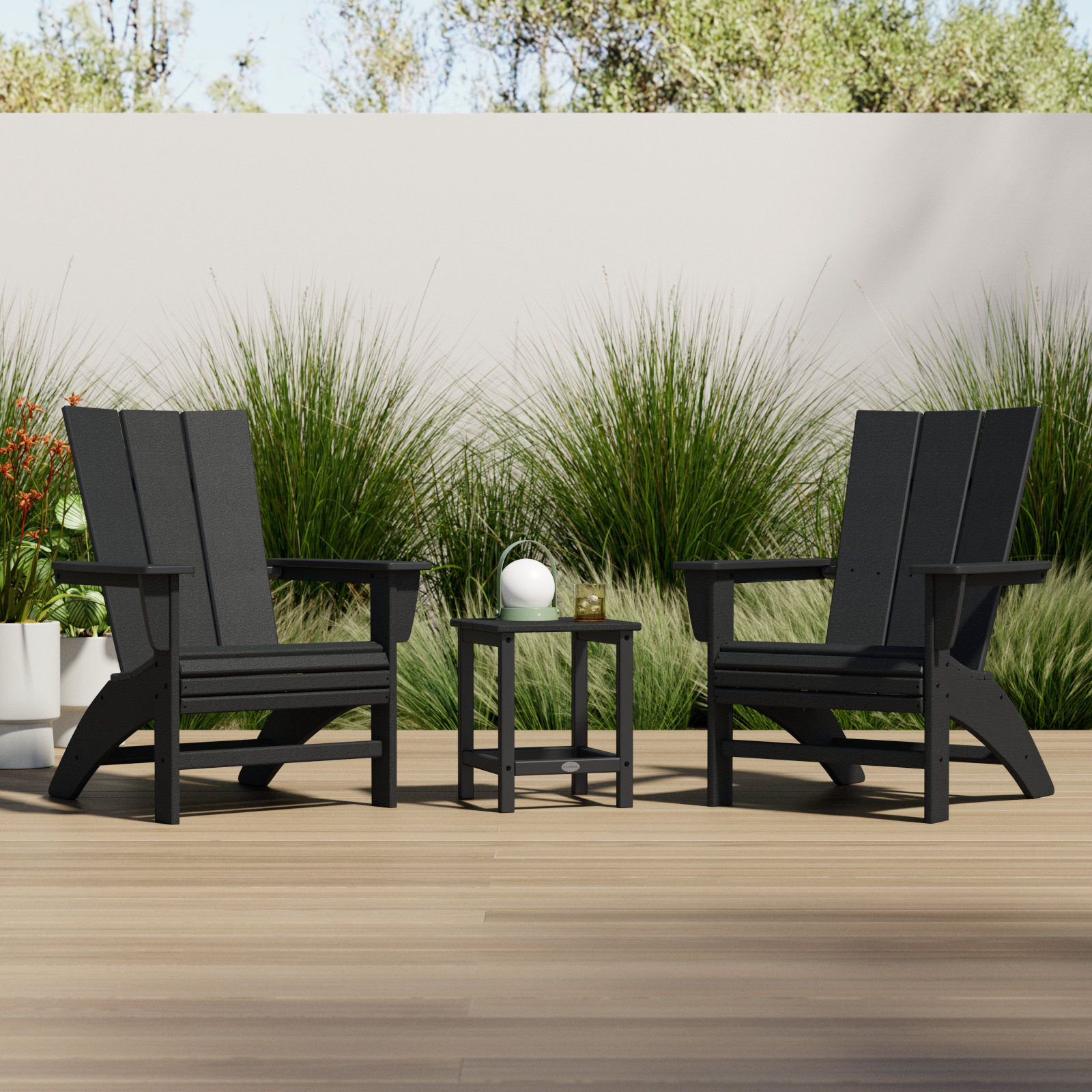 Modern 3-Piece Curveback Adirondack Set with Long Island 18" Side Table, Black