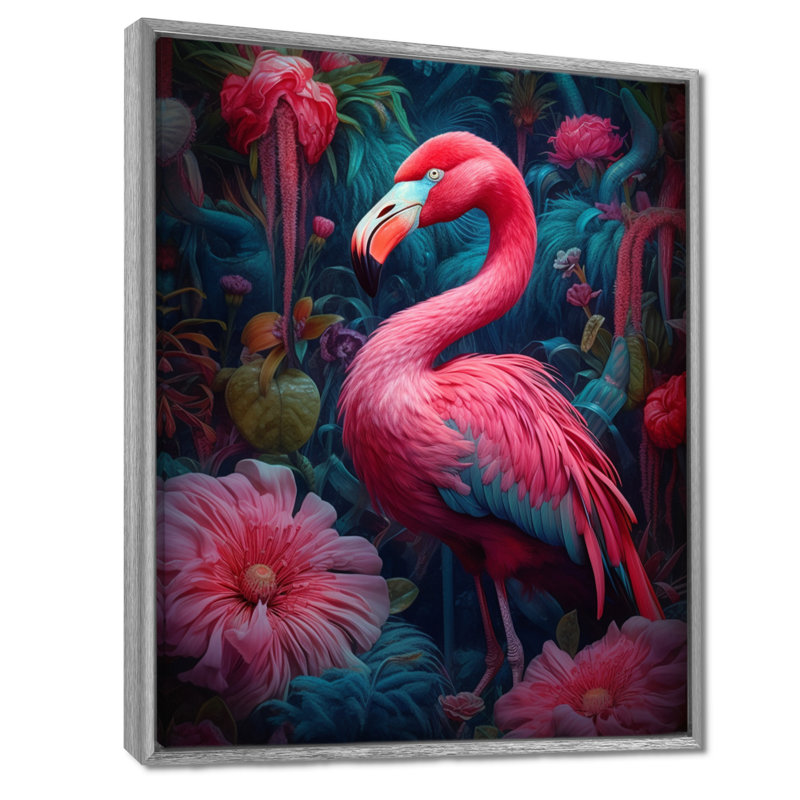 «Tropical Flamingo Grace III - Flamingo», reproduction d'art sur toile, H 32 po x l 24 po x P 1 po, Encadrement argenté