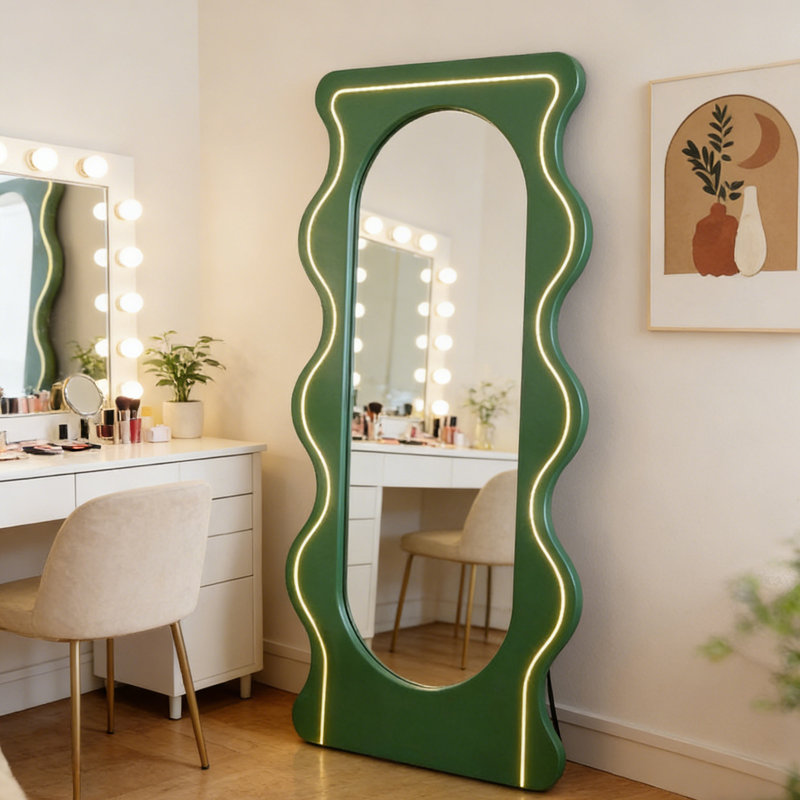 Green Wavy Dressing Mirror, Irregular Floor Mirror, High-End Entryway Full-Length Mirror, 62.99" H x 27.56" W x 1.18" D