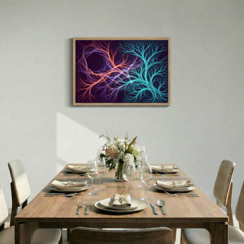 Art abstrait sur toile, branches abstraites fractales en orange et bleu sarcelle, H 24 po x l 36 po