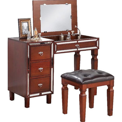 Classic Vanity In Cherry Color For Bedroom With Comfy Cushioned Stool And Storage Traditional Padded Drawers