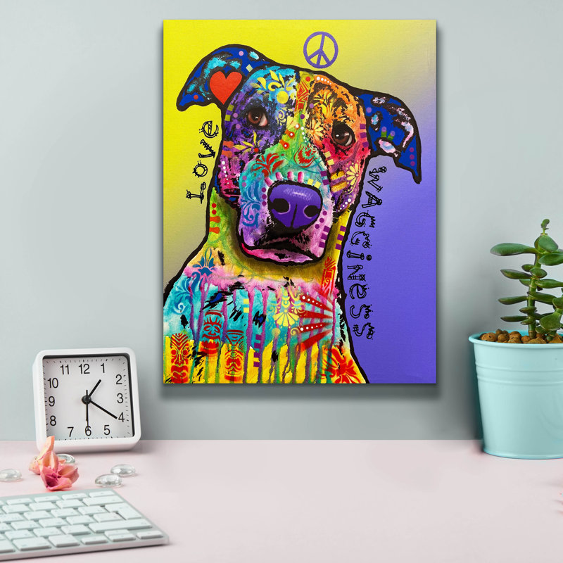 «Peace, Love, Wagginess» par Dean Russo, art mural sur toile, H 16 po x l 12 po x P 0,75 po