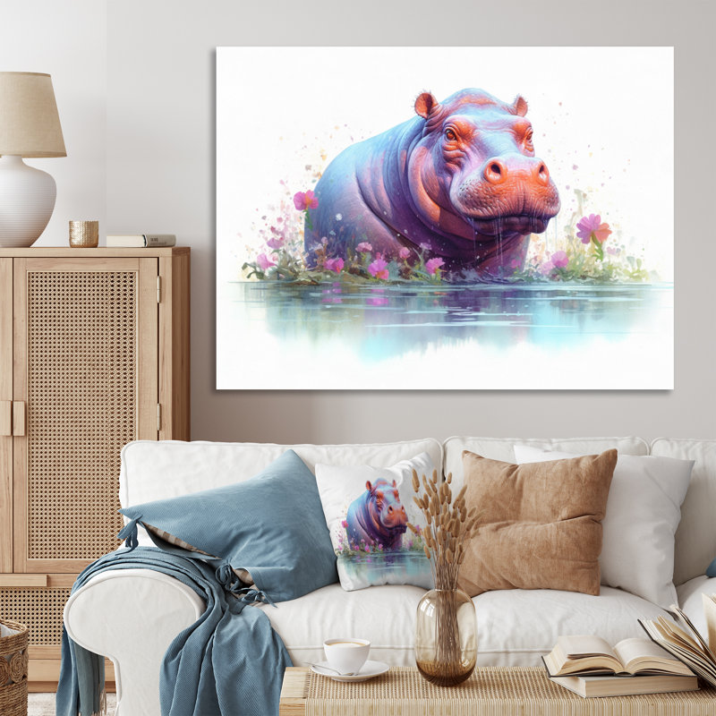 Hippopotame animé sur toile, H 30 po x l 40 po x P 1,5 po, Toile tendue