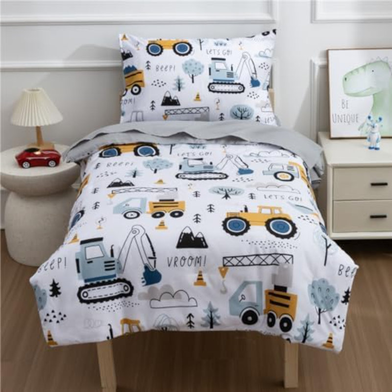 Ensemble de literie pour tout-petits 4 pièces pour bébés garçons, véhicules de camion d'arbre imprimés, comprenant un édredon, un drap plat, un drap-housse et une taie d'oreiller, gris clair