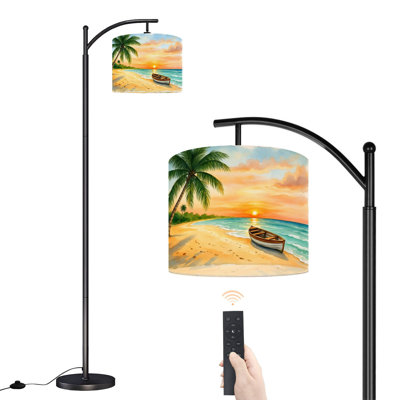 Lampe sur pied Arc Tropical Beach Sunset Palm Trees Bateau Sandy Shore Lampes sur pied avec télécommande DEL Abat-jour réglables Hautes lampes pour lire Bureau Salon