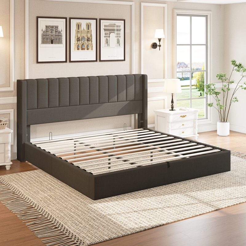 Lit plateforme tapissier moderne avec tête de lit capitonnée, Très grand, gris