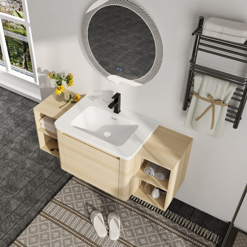 Narnby 52'' Wall-Mounted Single Bathroom Vanity With Ceramic Top, White Oak, 52" W