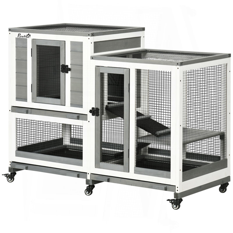 Cage à lapin d'intérieur, cage à lapin en bois à trois étages avec coulisses, roues, toit imperméable et plateaux amovibles, gris