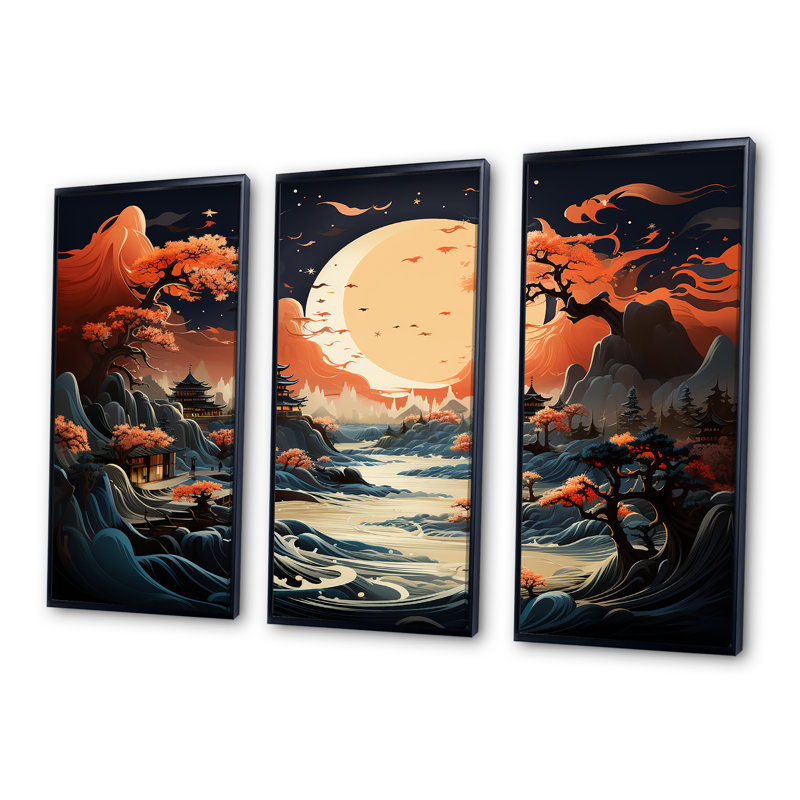 «China Mountain and River Landscape Bliss II», art mural Chine, Cadre flottant noir, H 32 po x l 48 po