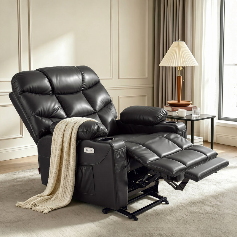 Latise Wide Power Recliner Lift Chair with Extended Footrest, Faux Leather, Black 100% Polyester