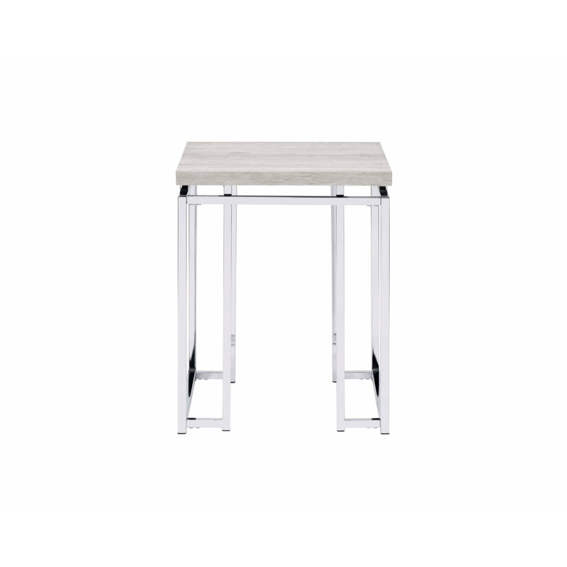 Square End Table With Metal Sled Base, Oak
