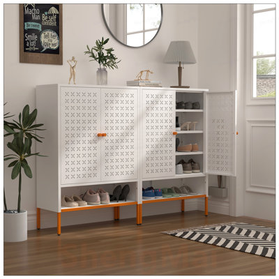 Grid Double Door Shoe Cabinet with Adjustable Compartments, Suspended Hollow Changing Compartment, and Moisture-Proof High Foot Design
