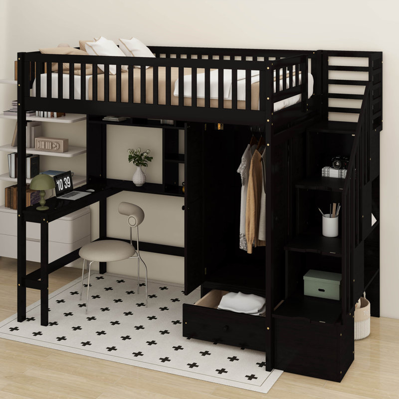 Twin Size Loft Bed With Bookshelf, Drawers, Desk And Wardrobe, Black
