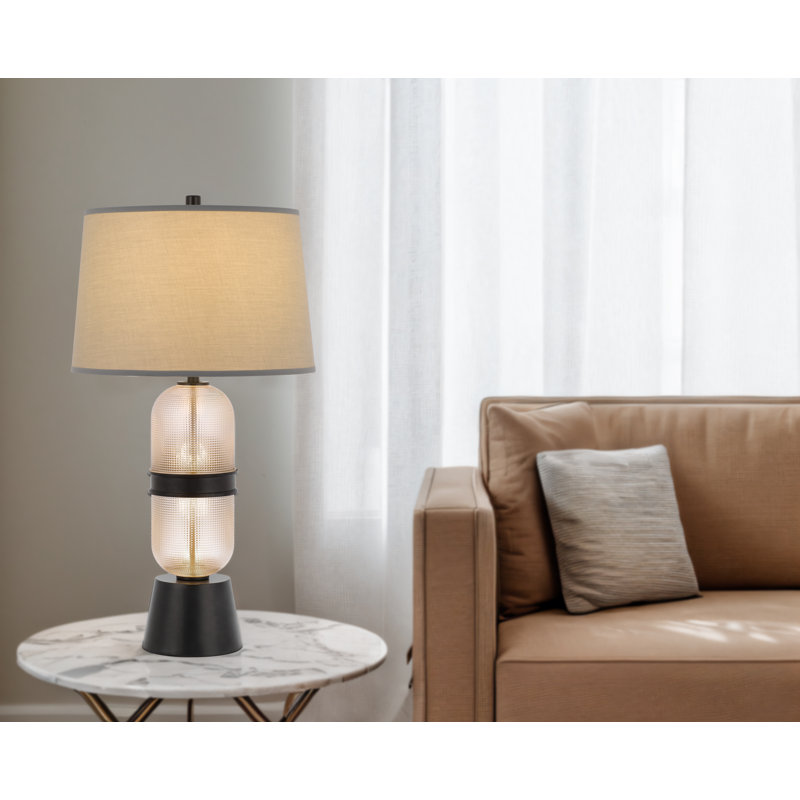 100W Sesto glass table lamp with 4W LED (top and bottom) night light and hardback fabric shade