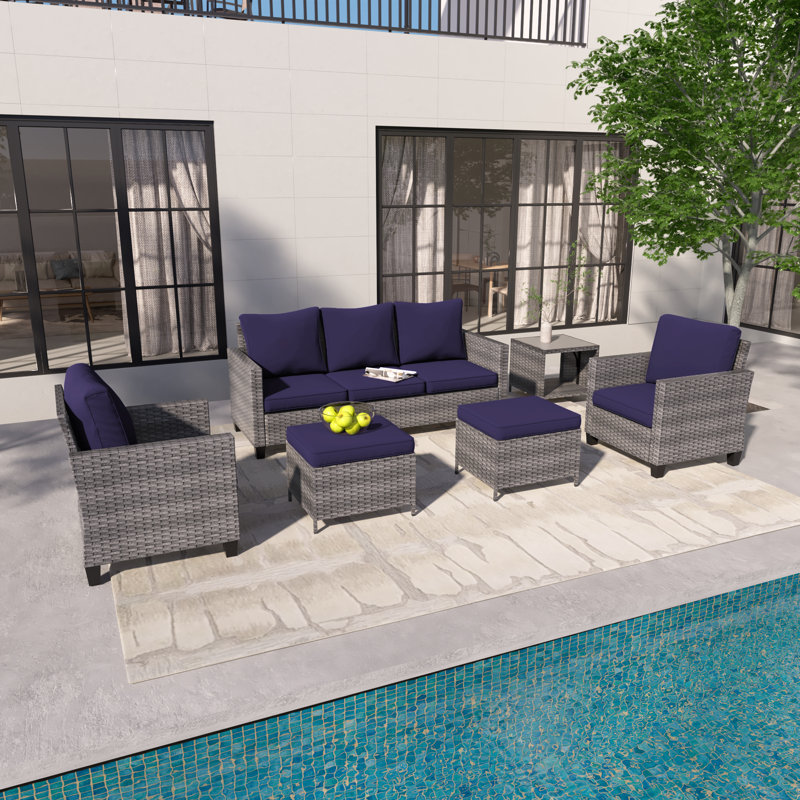Avalena Wicker 5 - Person Patio Conversation Set with Cushions, Navy