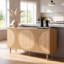 Contemporary Walnut Buffet Cabinet, Freestanding Sideboard with Semicircle Pattern Doors and 4-Tier Storage Shelves, Sturdy Particle Board Accent Cabinet for Home Decor