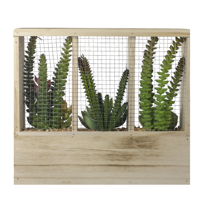 11" Artificial Mixed Succulent Arrangement In A Wooden Planter Box