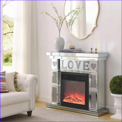 Foyer électrique d'intérieur | Miroir en argent brossé avec flammes à DEL 3D | L 46 po x P 12,6 po x H 41 po | Autoportant | Panneau de fibres à densité moyenne + verre