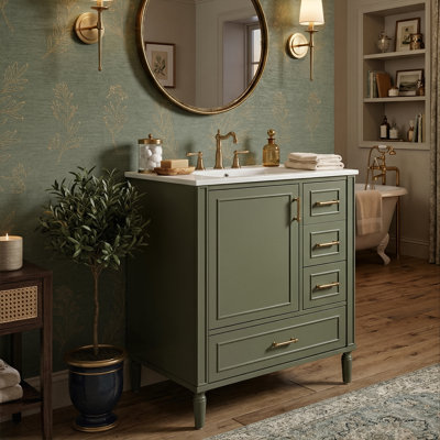 24-Inch Modern Bathroom Storage Vanity With Sink, Compact Luxury Cabinet With 3 Sorting Drawers And Door Organizer, Black/Green